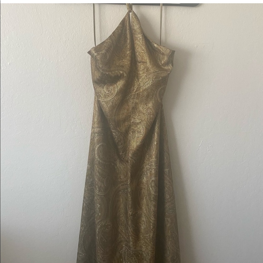 Vintage Lisa Ferranti 1970s metallic paisley halter neck gown with low back 10/M